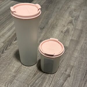 Tupperware Pink and White Canister Duo